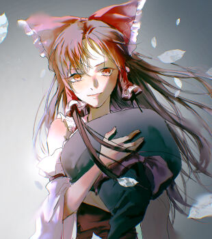 Rule 34 | 1girl, absurdres, aihara-rina, black hat, bow, brown hair, chinese commentary, closed mouth, commentary request, frilled bow, frilled hair tubes, frills, hair bow, hair tubes, hakurei reimu, hat, highres, holding, holding unworn clothes, holding unworn hat, long hair, red bow, red eyes, red skirt, skirt, skirt set, smile, solo, touhou, unworn hat, unworn headwear, witch hat