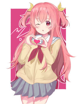 1girl blush bow cardigan grey_skirt heart heart_hands highres long_hair long_sleeves looking_at_viewer momoi_airi official_alternate_costume one_eye_closed open_mouth pink_background pink_eyes pink_hair project_sekai sailor_collar school_uniform shirt skirt solo suzu_(user_zyze2483) two_side_up white_sailor_collar yellow_cardigan