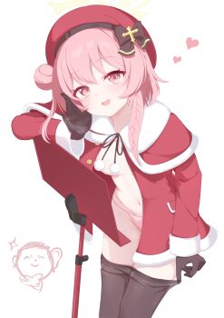 1boy 1girl absurdres black_pantyhose blue_archive breasts capelet commentary_request convenient_censoring doodle_sensei_(blue_archive) feather_hair fur_trim hair_bun halo hello-ghiblisan highres jacket navel no_bra official_alternate_costume open_clothes open_jacket panties pantyhose pink_eyes pink_hair pink_panties red_capelet red_jacket sensei_(blue_archive) serina_(blue_archive) serina_(christmas)_(blue_archive) short_hair single_side_bun small_breasts stomach underwear yellow_halo