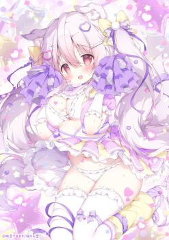1girl animal_ear_fluff animal_ears blush bow bra breasts cleavage frills gloves hair_bow hair_ornament heart highres holding holding_pom_poms large_breasts long_hair looking_at_viewer midriff momozu_komamochi navel open_mouth original panties pom_pom_(cheerleading) pom_poms purple_bow purple_ribbon purple_skirt red_eyes ribbon shoes skirt smile socks solo star_(symbol) tail thighhighs thighs twintails underwear very_long_hair white_bra white_gloves white_panties white_thighhighs yellow_skirt yellow_socks