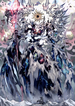 1other ambiguous_gender backlighting bone cloak creature debris eldritch_abomination faceless from_behind giant highres long_hair monster monte_tako mountain original other_focus standing sun_symbol white_cloak