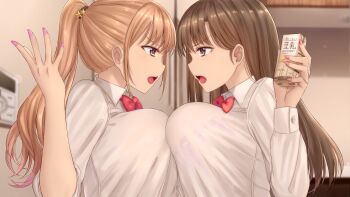 2girls absurdres bow bowtie breast_press breasts brown_eyes brown_hair collared_shirt docking from_side hand_up highres indoors large_breasts long_sleeves looking_at_another multiple_girls nail_polish open_mouth original pink_nails ponytail red_bow red_bowtie shirt skywalker0610 symmetrical_docking upper_body white_shirt