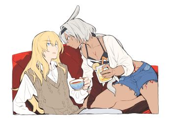 1boy 1girl absurdres alternate_costume animal_ears arm_support bare_legs bikini black_bikini black_hairband blonde_hair blue_eyes blue_shorts body_markings border brown_sweater_vest caenis_(fate) chinese_commentary closed_mouth collared_shirt commentary_request couch cup dark-skinned_female dark_skin denim denim_shorts drink drinking_glass drinking_straw eye_contact face-to-face fate/grand_order fate_(series) flat_color food fruit grey_hair hair_between_eyes hair_tubes hairband hetero highres holding holding_cup horse_ears ice ice_cube kirschtaria_wodime kneeling lemon lemon_slice long_hair long_sleeves looking_at_another low_ponytail luciaicefish on_couch pants parted_lips ponytail shirt short_shorts shorts simple_background single_hair_tube sitting smile sweater_vest swimsuit tea teacup white_background white_border white_pants white_shirt