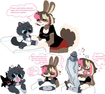 1boy 1girl :3 age_difference baby bad_source belly blush body_fur clothes_pull comic cum diaper english_text erection eyelashes floppy_ears furry furry_with_furry huge_penis mintii(artist) navel open_mouth original pacifier pawpads penis penis_awe profanity rabbit simple_background sitting size_difference smile sonny_boop_(character) speech_bubble surprised talking toddler underwear undressing veins veiny_penis