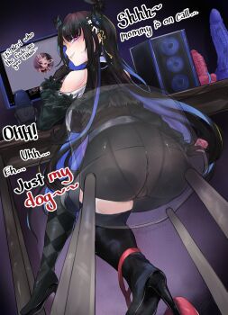 1girl argyle_clothes argyle_thighhighs ass asymmetrical_legwear black_gloves black_hair black_thighhighs cameltoe chair commentary computer condom condom_wrapper demon_horns desk dildo discord english_commentary english_text finger_to_mouth from_behind from_below fur_trim gloves grin hair_ornament highres holding holding_condom hololive hololive_english horns huge_dildo index_finger_raised long_hair looking_back looking_down microphone mismatched_legwear mole mole_on_ass mole_under_eye monitor multicolored_hair nerissa_ravencroft nerissa_ravencroft_(1st_costume) pov profanity red_eyes see-through_clothes sex_toy shiori_novella shushing smile solo tassel tassel_hair_ornament thighhighs topopopokoko two-tone_hair very_long_hair virtual_youtuber