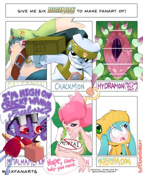 Rule 34 | agumon, agumon (cosplay), blue hair, chackmon, cosplay, digimon, digimon (creature), english text, galgomon, hatsune miku, highres, hydramon, lilimon, long hair, metalmamemon, open mouth, sexually suggestive, vocaloid