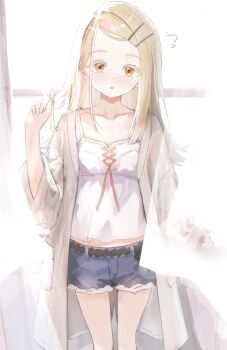 1girl belt black_belt blonde_hair blush breasts camisole collarbone colored_eyelashes commentary_request cowboy_shot curtains denim denim_shorts earrings flipped_hair gakuen_idolmaster grey_robe hair_ornament hairclip highres idolmaster indoors jewelry long_hair long_sleeves looking_at_viewer midriff open_clothes open_mouth open_robe orange_eyes orange_ribbon parallel_hairclips parted_bangs phos_phos ribbon robe rope_belt see-through_curtains shinosawa_hiro short_shorts shorts small_breasts solo standing stud_earrings twirling_hair white_camisole wide_sleeves window