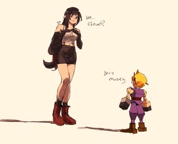 Rule 34 | 1boy, 1girl, bare legs, bare shoulders, black gloves, black hair, black skirt, black socks, blonde hair, boots, breasts, cloud strife, crop top, elbow gloves, english text, final fantasy, final fantasy vii, full body, gloves, highres, large breasts, long hair, looking at another, low-tied long hair, low poly, midriff peek, miniskirt, navel, parted lips, pencil skirt, red boots, simple background, skirt, socks, spiked hair, standing, strawderryst, tank top, tifa lockhart, white tank top