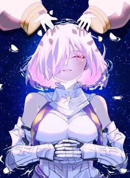 2girls armor blush closed_eyes commentary_request fate/grand_order fate_(series) gauntlets grin habetrot_(fate) hair_over_one_eye highres lying mash_kyrielight mash_kyrielight_(paladin) multiple_girls one_eye_covered own_hands_together partially_submerged petals pink_hair short_hair smile t_maguo trinity_metatronius_(fate/grand_order) white_armor