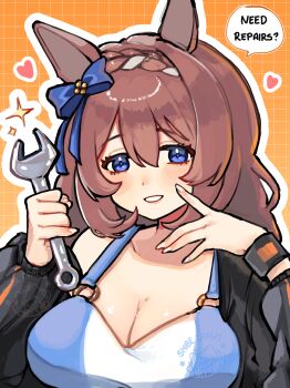 1girl alternate_costume animal_ears black_jacket blue_bow blue_eyes blue_sports_bra blush bow braid breasts brown_hair cleavage collarbone ear_bow english_text hair_between_eyes heart highres holding holding_wrench horse_ears horse_girl jacket large_breasts long_hair looking_at_viewer multicolored_hair open_clothes open_jacket open_mouth shibedraws smile solo speech_bubble sports_bra star_(symbol) streaked_hair super_creek_(umamusume) tail umamusume umamusume:_cinderella_gray upper_body very_long_hair white_hair white_sports_bra wrench wristband