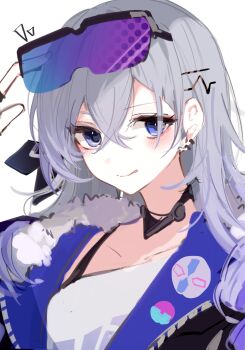 1girl :q absurdres alternate_hairstyle badge blue-tinted_eyewear blue_eyes blush bra_strap button_badge closed_mouth commentary_request crossed_bangs eyewear_on_head gradient-tinted_eyewear grey_hair hair_between_eyes hair_down hair_ornament hairclip hand_up highres honkai:_star_rail honkai_(series) jacket long_hair looking_at_viewer magnet_8_8 parallel_hairclips portrait purple-tinted_eyewear shirt silver_wolf_(honkai:_star_rail) simple_background smile solo tinted_eyewear tongue tongue_out white_background white_shirt