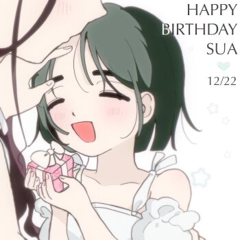 2girls alien_stage birthday black_hair coldmeow commentary dated dress english_commentary english_text gift happy_birthday hia_(alien_stage) highres holding holding_gift kiss kissing_forehead multiple_girls siblings sisters sua_(alien_stage) white_dress