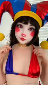 Rule 34 | 1girl, animated, black hair, bra, bra lift, breasts, closed mouth, clothes lift, clown, cosplay, covering face, dancing, from below, groin, hands on own chest, hat, indoors, jester cap, jewelry, long hair, looking at viewer, looking down, makeup, multicolored bra, navel, necklace, nipples, open mouth, panties, pomni (the amazing digital circus), pomni (the amazing digital circus) (cosplay), real life, red and blue bra, red panties, red thong panties, rynkerbellee, small breasts, smile, sound, stomach, tagme, teeth, the amazing digital circus, thong, underwear, video