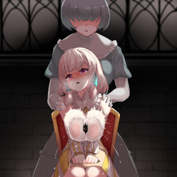 Rule 34 | 1other, 2girls, bar censor, blonde hair, blush, breasts, breasts out, censored, chair, clothes, grey hair, hands on another's shoulders, inverted nipples, large breasts, looking at viewer, medium hair, multiple girls, nipples, open mouth, original, paizuri, pink eyes, pov, pt, sitting, stray pubic hair, twintails