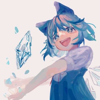1girl :d blue_dress blue_eyes blue_hair cirno commentary_request dress ice ice_wings looking_at_viewer open_mouth shinjitsu_no_kuchi shirt short_hair short_sleeves simple_background smile solo touhou upper_body white_background white_shirt wings