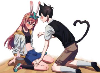 1boy 1girl animal_ear_fluff animal_ears antenna_hair arm_support aubrey_(faraway)_(omori) aubrey_(omori) bare_arms black_eyes black_hair black_socks black_sweater_vest black_tail black_tank_top blue_hairband blue_skirt blush bow_hairband breasts brown_shorts buttons cat_boy cat_ears cat_tail closed_mouth collarbone collared_shirt commentary_request denim denim_skirt double-parted_bangs expressionless extra_ears eye_contact fingernails foot_out_of_frame from_behind from_side full_body green_eyes hair_behind_ear hair_between_eyes hairband hand_on_another's_thigh hand_up heart heart_tail highres jacket jacket_partially_removed kemonomimi_mode kneehighs kneeling leaning_forward light_frown long_hair long_sleeves looking_at_another midriff miniskirt navel omori on_floor open_clothes open_jacket paw_pose pink_hair profile puffy_long_sleeves puffy_sleeves rabbit_ears rabbit_girl rabbit_tail sailor_collar shadow shirt shoes short_hair short_sleeves shorts shousan_(hno3syo) sidelocks simple_background single_bare_shoulder sitting skirt small_breasts sneakers socks straight_hair sunny_(omori) sweater_vest tail tank_top tareme very_long_hair very_short_hair wariza white_background white_jacket white_shirt white_shoes white_socks white_tail wooden_floor yellow_sailor_collar