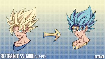 1boy absurdres aitorart arrow_(symbol) artist_name blonde_hair blue_background blue_eyes blue_gem blue_hair broly_(dragon_ball_z) broly_(dragon_ball_z)_(cosplay) character_name circlet commentary cosplay cropped_shoulders dougi dragon_ball dragonball_z english_commentary english_text gem gold_circlet gold_necklace gradient_background green_eyes highres jewelry legendary_super_saiyan light_frown light_smile multiple_views necklace patterned_background portrait saiyan solo son_goku spiked_hair super_saiyan yellow_background