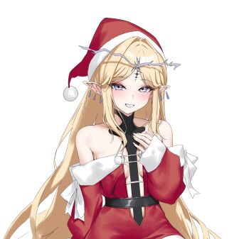 bare_shoulders blonde_hair blue_eyes breasts cartethyia_(wuthering_waves) crown_of_thorns earrings hand_up hat highres jewelry long_hair multiple_earrings parted_bangs parted_lips rkin santa_hat sidelocks simple_background small_breasts smile tacet_mark_(wuthering_waves) white_background wuthering_waves