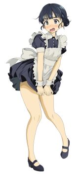 Rule 34 | 1girl, apron, back bow, basori tiara, black dress, black shoes, bow, breasts, dress, embarrassed, gogottu2000, maid, maid apron, make heroine ga oo sugiru!, mary janes, shoes, short hair, sidelocks, simple background, skirt hold, small breasts, white background, white wrist cuffs, wrist cuffs