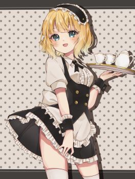1girl :d \||/ absurdres back_bow black_corset black_hairband black_ribbon black_skirt black_wrist_cuffs blonde_hair blue_eyes blunt_bangs blush bow buttons center_frills child clothes_lift collared_shirt commentary corset cowboy_shot cup double-breasted dress_shirt drop_shadow fleur_de_lapin_uniform frilled_hairband frilled_shirt frilled_skirt frilled_wrist_cuffs frills gochuumon_wa_usagi_desu_ka? hairband hand_up highres holding holding_tray kirima_syaro llatteowo lolita_hairband looking_at_viewer medium_hair neck_ribbon open_mouth polka_dot polka_dot_background puffy_short_sleeves puffy_sleeves ribbon shirt short_sleeves simple_background skirt skirt_lift smile solo teacup teapot thighhighs thighs tray upskirt white_background white_bow white_shirt white_thighhighs wrist_cuffs zettai_ryouiki