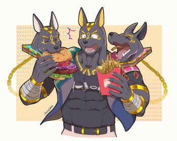 1boy animal_ears anuberus_(xxl) artist_name bara black_shirt burger chain claws closed_eyes commentary english_commentary fangs floating_head food french_fries furry furry_male hieroglyphics highres holding holding_food jackal_boy jackal_ears male_focus multiple_heads muscular muscular_male open_mouth pants shirt snowjune surprised vest white_pants xxl_woofia