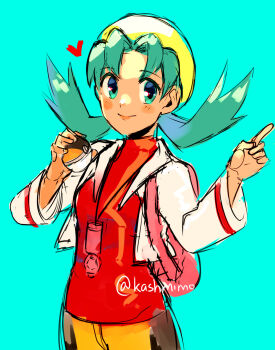 aqua_background aqua_eyes aqua_hair artist_name blush hat heart highres holding holding_poke_ball jacket kashmimo kris_(pokemon) low_twintails nintendo pants pointing poke_ball pokemon pokemon_gsc pokemon_masters_ex red_shirt shirt short_twintails twintails ultra_ball white_jacket yellow_hat yellow_pants