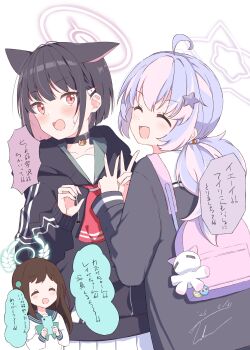 3girls absurdres ahoge airi_(blue_archive) animal_ears black_choker black_hair black_hoodie blue_archive blush brown_hair cat_choker cat_ears cat_girl choker color-coded colored_inner_animal_ears colored_inner_hair colored_speech_bubble commentary_request extra_ears food-themed_hair_ornament green_halo green_sailor_collar hair_ornament halo highres hood hoodie ice_cream_hair_ornament kazusa_(blue_archive) long_hair long_sleeves multicolored_hair multiple_girls neckerchief open_mouth pink_hair pink_halo pleated_skirt red_eyes red_neckerchief reisa_(blue_archive) sailor_collar school_uniform serafuku shirt short_hair simple_background skirt sleeves_past_wrists smile speech_bubble star_(symbol) star_hair_ornament star_halo takanawa translation_request twintails two-tone_hair white_background white_serafuku white_shirt white_skirt