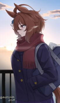 1girl agnes_tachyon_(umamusume) ahoge animal_ears bag blue_coat breasts brown_hair buttons chemical_structure closed_mouth coat double-breasted earrings from_side hair_between_eyes hands_in_pockets highres horse_ears horse_girl horse_tail ibuki_grunt jewelry long_sleeves medium_hair outdoors red_eyes red_scarf scarf school_uniform shoulder_bag single_earring sky smile solo tail tracen_school_uniform tracen_winter_coat umamusume winter_clothes winter_coat