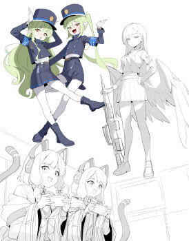 5girls absurdres animal_ear_headphones animal_ears armband assault_rifle belt blue_archive blue_boots blue_hat blue_jacket blue_shorts blue_skirt blush boots bow breasts buttons cat_ear_headphones cat_ears cat_tail closed_mouth controller double-breasted earrings fake_animal_ears feathered_wings game_controller gloves green_hair gun hair_bow hand_on_own_hip hat headphones highres hikari_(blue_archive) holding holding_controller holding_game_controller ichika_(blue_archive) jacket jewelry long_hair long_sleeves looking_at_viewer midori_(blue_archive) momoi_(blue_archive) multiple_girls multiple_views neckerchief nozomi_(blue_archive) off_shoulder open_mouth pantyhose parack partially_colored pleated_skirt pointy_ears rifle shirt_tucked_in shoes short_twintails shorts sidelocks simple_background skirt small_breasts smile standing sweatdrop tail twintails weapon white_background white_gloves white_pantyhose wings yellow_eyes