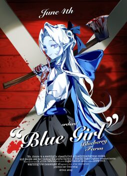 Rule 34 | 1girl, axe, blue dress, blue eyes, blue hair, blue skin, colored skin, cookie run, cookie run: kingdom, dress, heterochromia, highres, humanization, long hair, long sleeves, looking at viewer, parody, parody request, puffy sleeves, shadow milk cookie, shadow milk cookie (female), simple background, slit pupils, smile, very long hair, white hair, yaojingwangchudi