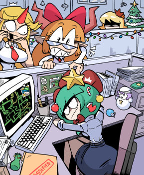 aki_shizuha ass bespectacled blonde_hair blunt_bangs bow caught chair character_snowman christmas christmas_lights christmas_ornaments christmas_star christmas_tree collared_shirt commentary completely_unamused computer constricted_pupils english_commentary fang front_ponytail glasses green_hair hair_bow high-waist_skirt highres horns hoshiguma_yuugi ibuki_suika kagiyama_hina kawashiro_nitori kevin_arthur letty_whiterock long_hair mini_snowman monitor necktie no_nose office office_chair office_lady orange_hair papers pencil_skirt prank red_bow red_eyes red_necktie shaded_face sharp_teeth shirt single_horn skirt sleeves_rolled_up sticky_note surprised swivel_chair teeth touhou unamused white_shirt wide_hips