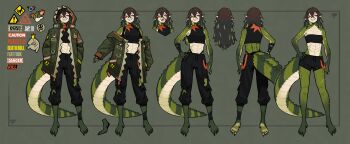 1girl absurdres barefoot black_pants black_shirt black_shorts black_tube_top brown_hair closed_mouth clothing_cutout commentary crocodile_girl crocodilian_tail english_commentary flat_chest green_jacket green_scales green_streaks hand_on_own_hip highres hood hooded_jacket indie_virtual_youtuber jacket kairyu_crocodile long_hair looking_at_viewer milkytiddyboy official_art pants red_eyes reference_sheet shirt shorts sleeveless sleeveless_shirt smile solo strapless tail tail_through_clothes tube_top virtual_youtuber