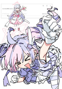 &gt;_&lt; 2girls absurdres ahoge alternate_costume bare_shoulders blue_archive blue_hair blush bow bowtie breasts clenched_hand clenched_hands closed_eyes cosplay curly_hair detached_sleeves dress drill_hair earrings floating_clothes full_body gloves hair_between_eyes hair_ornament hair_over_one_eye halo hand_up haruyuki_(gffewuoutgblubh) highres holding holding_staff holding_wand jewelry large_breasts logo long_hair looking_at_viewer magical_girl multicolored_hair multicolored_thighhighs multiple_girls open_mouth pink_bow pink_hair pink_halo pink_shoes puffy_short_sleeves puffy_sleeves purple_bow purple_bowtie purple_eyes purple_hair purple_shoes purple_thighhighs reisa_(blue_archive) reisa_(magical)_(blue_archive) shoes short_sleeves simple_background sketch smile staff star_(symbol) star_earrings star_hair_ornament star_halo strapless strapless_dress streaked_hair suzumi_(blue_archive) suzumi_(magical)_(blue_archive) sweat symbol_in_eye thighhighs triangle_mouth twintails two-tone_hair very_long_hair wand wavy_mouth white_background white_dress white_gloves white_hair white_thighhighs
