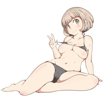 1girl bare_arms bare_legs bare_shoulders barefoot bikini bikini_pull black_bikini breasts cameltoe cleavage closed_mouth clothes_pull collarbone commentary fingernails full_body grey_eyes grey_hair groin hand_up hanoyama leaning_back medium_breasts navel original pulling_own_clothes short_hair simple_background sitting smile solo split_mouth swimsuit toenails underboob w white_background yokozuwari