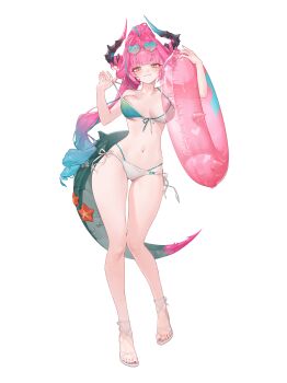 1girl 2bmm2 absurdres aqua_hair aqua_streaks arknights arknights:_endfield bikini blue_eyes breasts cleavage dragon_girl dragon_horns dragon_tail drill_hair eyewear_on_head feet fingernails front-tie_bikini_top front-tie_top full_body gradient_hair green_bikini hair_intakes hair_on_horn heart heart-shaped_eyewear high_ponytail highres holding holding_swim_ring horns innertube large_breasts legs lifebuoy long_hair looking_at_viewer multicolored_bikini multicolored_hair multicolored_horns nail_polish navel pink_hair pink_horns pink_nails pointy_ears ponytail sandals side-tie_bikini_bottom simple_background single_drill smile solo standing streaked_hair swim_ring swimsuit tail tinted_eyewear toenail_polish toenails toes twin_drills two-tone_bikini white_background white_bikini yvonne_(arknights)
