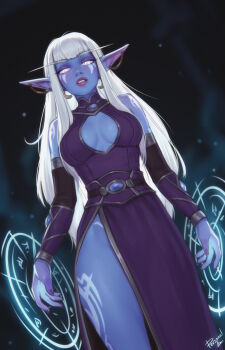 Rule 34 | 1girl, blue skin, body markings, breasts, breasts apart, casting spell, cleavage cutout, clothing cutout, colored skin, commentary, detached sleeves, dress, earrings, elf, english commentary, highres, jewelry, long hair, medium breasts, original, parted lips, personal ami, pointy ears, purple dress, purple sleeves, sleeveless, sleeveless dress, solo, white eyes, white hair