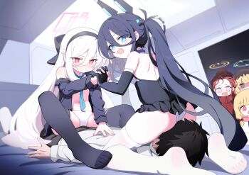 @_@ aris_(blue_archive) bare_back black_hair black_hairband blonde_hair blue_archive blue_eyes blue_necktie bow bow_panties breasts face_in_ass girl_on_top hairband halo highres holding_hands indoors jacket kei_(blue_archive) loli long_hair long_sleeves meng_yin momoi_(blue_archive) momoka_(blue_archive) navel necktie official_alternate_costume panties partially_undressed pink_halo ponytail red_eyes red_hair sensei_(blue_archive) small_breasts thighhighs twintails underwear white_hair white_panties white_sleeves yuzu_(blue_archive)