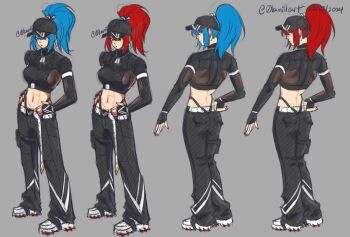 0kamiheart 1girl abs alternate_costume artist_name baseball_cap blue_eyes blue_hair breasts dated full_body hat leona_heidern long_sleeves midriff multiple_views navel orochi_leona panties ponytail red_eyes red_hair reference_sheet shoes sneakers standing string_panties the_king_of_fighters turnaround underwear