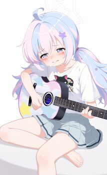1girl ahoge alternate_costume bare_legs barefoot beads blue_archive blue_hair blush chinese_commentary collarbone commentary crying didac_fantasy double-parted_bangs feet foot_out_of_frame furrowed_brow grey_skirt guitar hair_beads hair_between_eyes hair_ornament half-closed_eyes halo highres instrument looking_down low_twintails miniskirt multicolored_hair music parted_lips pink_hair pink_halo playing_guitar playing_instrument pleated_skirt print_shirt purple_eyes reisa_(blue_archive) sad shirt short_sleeves simple_background sitting skirt solo star_(symbol) star_hair_ornament star_halo streaming_tears t-shirt tears thighs toes twintails two-tone_hair white_background white_shirt