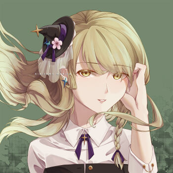Rule 34 | 1girl, blonde hair, braid, buttons, character name, collared shirt, colored eyelashes, commentary, earrings, floating hair, flower, green background, hair ribbon, hand in own hair, hand up, hat, hat flower, hat ornament, highres, jewelry, kirisame marisa, light smile, lips, long hair, mini hat, neck ribbon, parted lips, portrait, purple ribbon, qingshuiwuyin pary, ribbon, shirt, sideways glance, single braid, solo, star (symbol), star earrings, star hat ornament, touhou, white shirt, witch hat