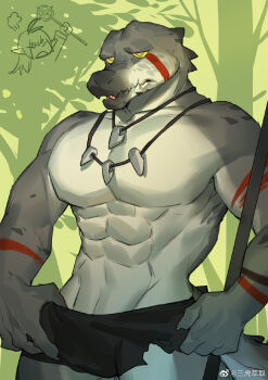 1boy 1girl abs arknights black_pants body_markings chibi chinese_commentary claws commentary_request crocodile_boy crocodilian_tail facial_mark gavial_(arknights) green_background highres holding holding_polearm holding_staff holding_weapon jewelry looking_to_the_side milkybot muscular muscular_male necklace pants pectorals polearm puff_of_air staff tail tiacauh_warrior_(arknights) tooth_necklace topless_male tree warrior watermark weapon weibo_watermark yellow_eyes