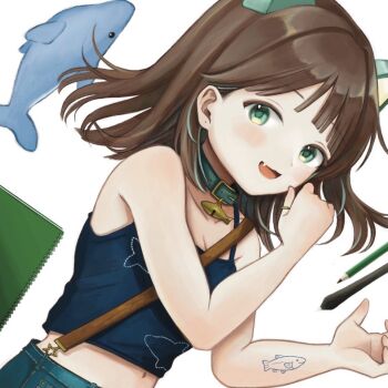 1girl aqua_collar arm_tattoo blue_camisole breasts brown_hair camisole cleavage collar commentary_request fang fish_pendant fish_tattoo green_eyes hand_up jewelry looking_at_viewer looking_to_the_side medium_hair midriff navel nena_labo open_mouth original pendant print_camisole sideways_glance simple_background smile solo tattoo white_background