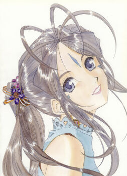 Rule 34 | 1girl, aa megami-sama, absurdres, antenna hair, belldandy, blue eyes, brown hair, earrings, facial mark, forehead mark, fujishima kousuke, hair ornament, head tilt, highres, jewelry, long hair, looking at viewer, non-web source, official art, ponytail, scan, self-scan, smile, white background