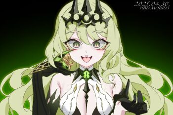 Rule 34 | 1girl, black dress, black gloves, black tiara, breasts, cleavage cutout, clothing cutout, commentary request, dated, dduehddueh, dress, earrings, gloves, green background, green hair, happy birthday, highres, honkai (series), honkai impact 3rd, jewelry, korean commentary, large breasts, long hair, looking at viewer, mobius (honkai impact), open mouth, slit pupils, solo, spikes, tiara, upper body, very long hair