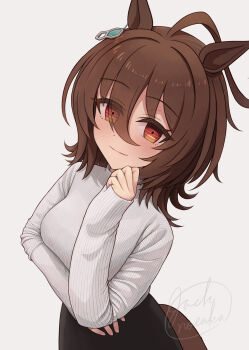 Rule 34 | 1girl, absurdres, agnes tachyon (umamusume), ahoge, animal ears, black skirt, blush, breasts, brown hair, chemical structure, closed mouth, commentary request, earrings, hair between eyes, highres, horse ears, horse girl, horse tail, huge ahoge, jack (jacknoeaka), jewelry, long sleeves, looking at viewer, medium breasts, medium hair, red eyes, simple background, single earring, skirt, smile, solo, sweater, tail, umamusume, white sweater, wolf cut