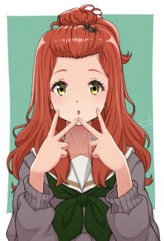 Rule 34 | 1girl, border, double v, green neckerchief, grey jacket, hair ornament, hibike! euphonium, highres, jacket, kenzaki ririka, kitauji high school uniform, looking at viewer, neckerchief, open mouth, orange hair, school uniform, solo, star (symbol), star hair ornament, telaform, v, white border