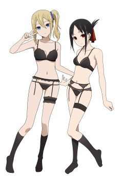 Rule 34 | 2girls, absurdres, arms at sides, black bra, black garter belt, black hair, black panties, black socks, blonde hair, blue eyes, blue scrunchie, bra, breasts, cleavage, closed mouth, commentary, coro fae, dot nose, full body, garter belt, groin, hair ornament, hair ribbon, hair scrunchie, hand up, hayasaka ai, highres, kaguya-sama wa kokurasetai ~tensai-tachi no renai zunousen~, lingerie, looking at viewer, lowleg, lowleg panties, medium breasts, medium hair, multiple girls, navel, no shoes, panties, red eyes, red ribbon, ribbon, scrunchie, shinomiya kaguya, side ponytail, simple background, smile, socks, standing, stomach, string panties, thigh strap, underwear, w, white background
