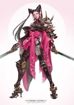 1girl armor arms_at_sides black_kimono breasts circle closed_mouth commentary cyborg dual_wielding earrings english_commentary floating_hair floral_print floral_print_kimono full_body geisha gradient_background hair_tubes hairstyle_request high_heel_feet highres holding holding_sword holding_weapon invisible_floor japanese_clothes jewelry katana kimono legs_apart long_hair long_sleeves making-of_available mecha_musume medium_breasts narrowed_eyes nose off_shoulder ofuda_earrings oni_armor original pink_eyes pink_kimono pink_lips pink_sash print_kimono realistic sash science_fiction shoulder_armor single_bare_shoulder solo standing sword tachi-e turtleneck two-tone_kimono weapon white_background wide_sleeves yu_cheng_hong