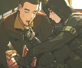 Rule 34 | 2boys, black gloves, black jacket, black pants, brown hair, brown jacket, buzz cut, chinese commentary, closed eyes, commentary request, feeding, food, food in mouth, fukurau, gloves, holding, holding food, holding pocky, hood, hood up, hooded jacket, indoors, jacket, looking at another, male focus, multiple boys, open mouth, pants, pocky, pocky in mouth, shell casing, short hair, skif (stalker 2), stalker (game), stalker 2: heart of chornobyl, strider (stalker), upper body, very short hair, window