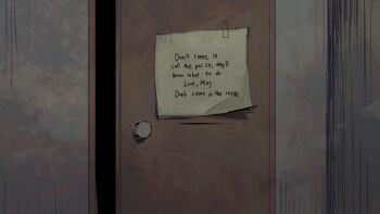 Rule 34 | angela he, english text, highres, missed messages, muted color, no humans, non-web source, note, official art, open door, scenery, tape